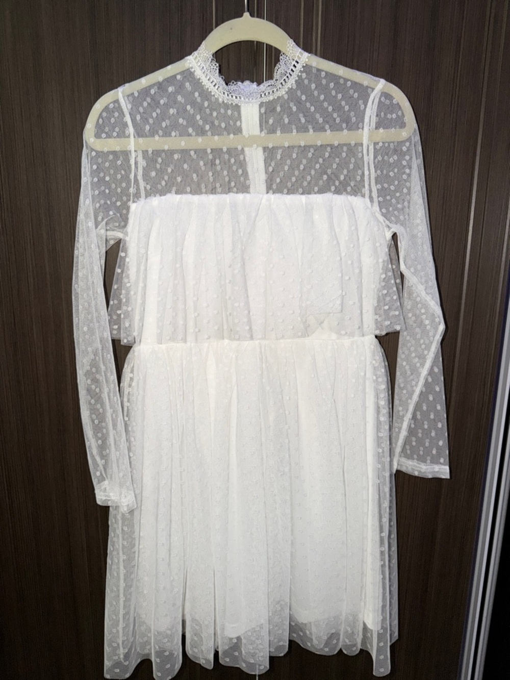 Sheer White Polka-Dot Midi‎ Dress with Lace Collar